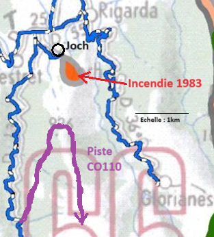 position relative de la piste et de Joch de part et d'autre de l'incendie 1983